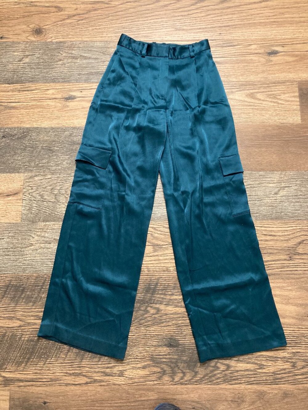 Babaton Refined Satin Cargo High-Waisted Pants Teal Green Size 00 Wide Leg